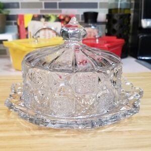 EAPG Old Quilt Butter Cheese Dish Dome Lid Westmoreland Clear‎ EUC